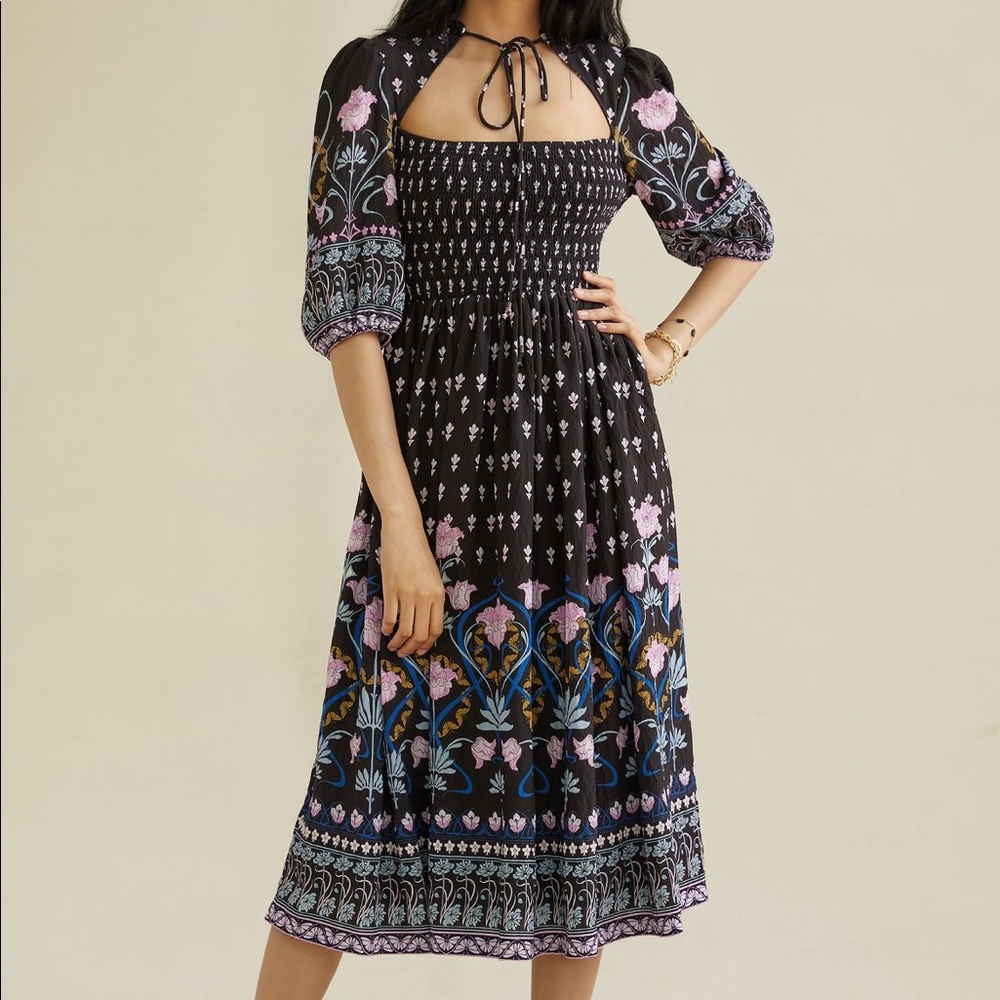 Anthropologie dasha smocked midi maxi dress puffed sleeves boho folk